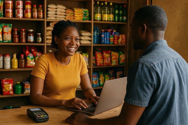Une commerçante sourit à un client derrière son comptoir